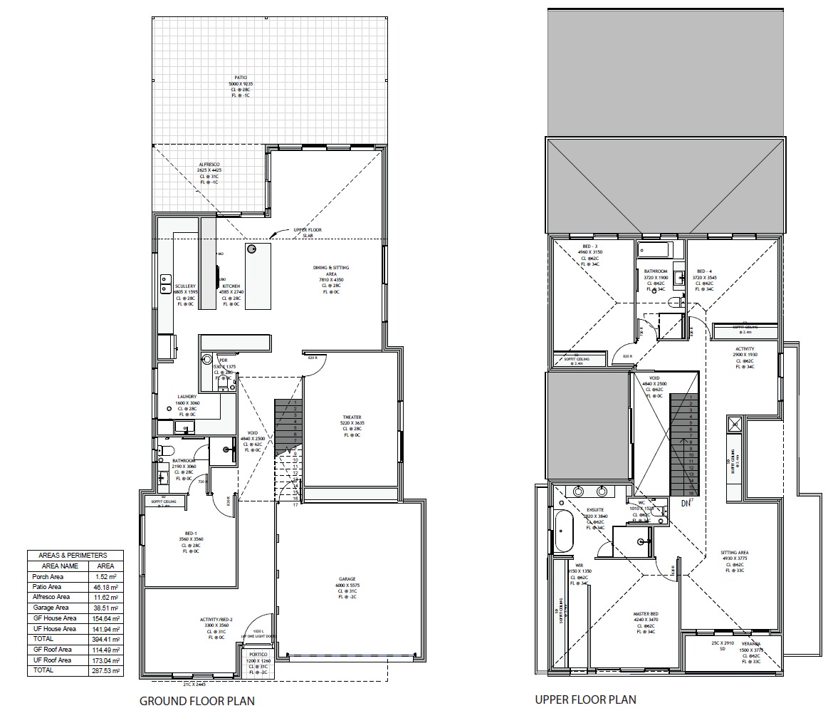 Ground and upper floor plans showing Kitchen, Dining & Sitting, Theater, Garage, bedrooms and bathrooms